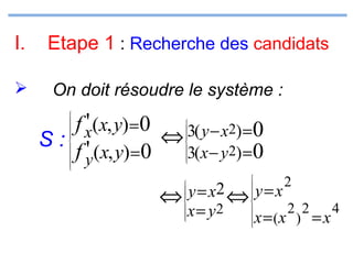 I.

Etape 1 : Recherche des candidats



On doit résoudre le système :

'
f x(x, y) =0
3( y − x2) = 0
⇔
S: '
3(x − y2) = 0
f y(x, y) =0


































2

y = x2 ⇔ y = x
⇔
2 2
4
x = y2
x = (x ) = x










 