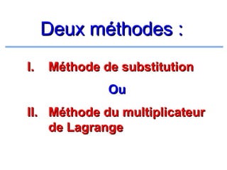 Deux méthodes :
I.

Méthode de substitution
Ou

II. Méthode du multiplicateur
de Lagrange

 