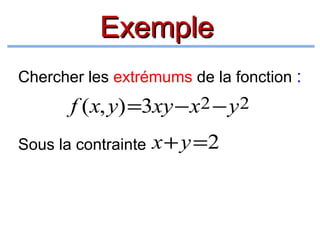 Exemple
Chercher les extrémums de la fonction :

f ( x, y) =3xy − x2 − y 2
Sous la contrainte

x + y =2

 