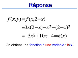 Réponse
f (x, y) = f (x,2 − x)
=3x(2 − x) − x2 −(2 − x)2

= −5x2 +10x −4 =h( x)
On obtient une fonction d’une variable : h(x)

 