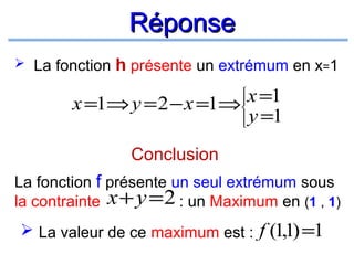 Réponse
 La fonction

h présente un extrémum en x=1

x =1
x =1⇒ y = 2 − x =1⇒
y =1






Conclusion
La fonction f présente un seul extrémum sous
la contrainte x + y = 2 : un Maximum en (1 , 1)

 La valeur de ce maximum est : f (1,1) =1

 