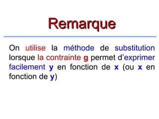 Remarque
On utilise la méthode de substitution
lorsque la contrainte g permet d’exprimer
facilement y en fonction de x (ou x en
fonction de y)

 