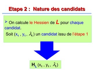 Etape 2 : Nature des candidats
 On calcule le Hessien de L pour chaque

candidat.
Soit (x1 , y1 , λ1 ) un candidat issu de l’étape 1

HL (x1 , y1 , λ1 )

 