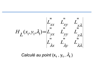 ''
Lxx
''
H ( x1, y1,λ1) = L yx
L
''
L

λx

''
Lxy
''
L

''
L
xλ
''
L

''
L

''
L

yy

λy

Calculé au point (x1 , y1 , λ1 )

yλ

λλ

 