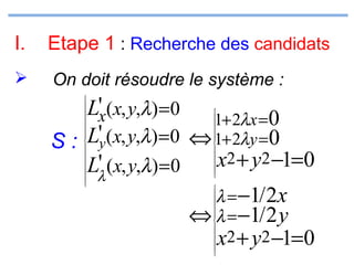 I.

Etape 1 : Recherche des candidats



On doit résoudre le système :

L'x(x, y,λ) =0
1+ 2λx = 0
L'y(x, y,λ) =0 ⇔ 1+ 2λy =0
S:
x2 + y2 −1=0
' (x, y,λ) =0
Lλ
λ = −1/ 2x
⇔ λ = −1/ 2 y
x2 + y2 −1=0













































 