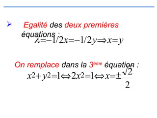 

Egalité des deux premières
équations :

λ = −1/ 2x = −1/ 2 y⇒ x = y

On remplace dans la 3ème équation :
2 + y2 =1⇔ 2x2 =1⇔ x = ± 2
x

2

 