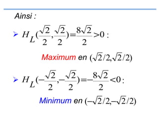 Ainsi :

2 , 2 ) = 8 2 >0
 H (
:
L 2 2
2
Maximum en ( 2 / 2, 2 / 2)

2 ,− 2 ) = −8 2 <0
 H (−
:
L 2
2
2
Minimum en (− 2 / 2,− 2 / 2)

 