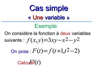 Cas simple
« Une variable »
Exemple
On considère la fonction à deux variables
suivante : f ( x, y) =3xy − x2 − y 2
On pose : F (t) =

F'
Calculer(t)

f (t +1,t 2 −2)

 