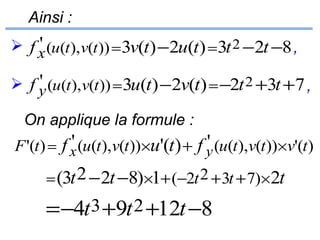 Ainsi :

'
 f x (u(t ),v(t )) = 3v(t ) −2u(t ) = 3t 2 −2t −8 ,
'
 f y (u(t ),v(t )) = 3u(t ) −2v(t ) = −2t 2 +3t +7 ,
On applique la formule :

'
'
F '(t ) = f x (u(t ),v(t ))×u'(t ) + f y (u(t ),v(t ))×v'(t )
= (3t 2 − 2t −8)×1+ (−2t 2 + 3t + 7) × 2t

= −4t 3 +9t 2 +12t −8

 