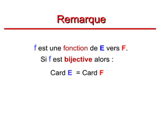 Remarque
f est une fonction de E vers F.
Si f est bijective alors :
Card E = Card F

 