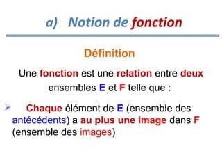 a) Notion de fonction
Définition
Une fonction est une relation entre deux
ensembles E et F telle que :


Chaque élément de E (ensemble des
antécédents) a au plus une image dans F
(ensemble des images)

 