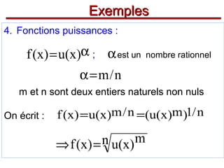 Exemples
4. Fonctions puissances :

f (x) = u(x)α ; α est un

nombre rationnel

α = m/n
m et n sont deux entiers naturels non nuls
On écrit :

f (x) = u(x)m / n =(u(x)m)1/ n

n u(x) m
⇒ f (x ) =

 