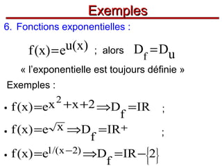Exemples
6. Fonctions exponentielles :

u (x )
f (x ) = e

; alors

Df = Du

« l’exponentielle est toujours définie »
Exemples :
2

f (x) =ex + x +2 ⇒D =IR ;
f
• f (x) =e x ⇒D = IR +
;
f
1/(x −2) ⇒D = IR −2

 
• f (x ) = e
 

f
•

 