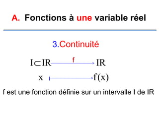 A. Fonctions à une variable réel
3.Continuité

I⊂ IR
x I

f

IR
f (x )

f est une fonction définie sur un intervalle I de IR

 