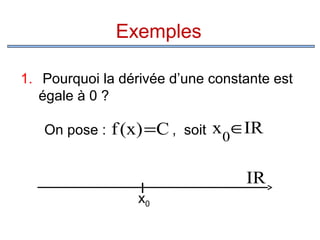Exemples
1. Pourquoi la dérivée d’une constante est
égale à 0 ?
On pose :

f (x) =C , soit x0∈IR
I
x0

IR

 