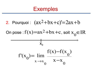 Exemples
2. Pourquoi :

(ax2 + bx + c)'= 2ax + b

On pose : f (x) =ax 2 +bx +c , soit

x0∈IR

I
x0

f '(x0) = lim
x →x

0

f (x) −f (x )
x −x

0

0

 