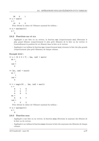 2.6. OP´ERATIONS SUR LES ´EL´EMENTS D’UN TABLEAU
36 6 1
>> s = sum(t)
s =
14 6 3
Pour obtenir la valeur de l’´el´ement maximal du tableau :
>> m = max(max(t))
m =
9
2.6.2 Fonctions max et min
– Appliqu´ee `a une liste ou un vecteur, la fonction max (respectivement min) d´etermine le
plus grand ´el´ement (respectivement le plus petit ´el´ement) de la liste ou du vecteur et
´eventuellement la position de cet ´el´ement dans la liste ou le vecteur.
– Appliqu´ee `a un tableau la fonction max (respectivement min) retourne la liste des plus grands
(respectivement plus petit ´el´ements) de chaque colonne.
Exemple 2.6.2 :
>> s = [5 2 3 1 7] ; [ma, ind] = max(s)
ma =
7
ind =
5
>> [mi, ind] = min(s)
mi =
1
ind =
4
>> t = magic(3) , [ma, ind] = max(t)
t =
8 1 6
3 5 7
4 9 2
ma =
8 9 7
ind =
1 3 2
Pour obtenir la valeur de l’´el´ement maximal du tableau :
>> m = max(max(t))
m =
9
2.6.3 Fonction mean
– Appliqu´ee `a une liste ou un vecteur, la fonction mean d´etermine la moyenne des ´el´ement de
la liste ou du vecteur.
– Appliqu´ee `a un tableau la fonction mean retourne la liste des moyennes des ´el´ements de chaque
colonne.
AJ.Casadevall - mars 04 p.27
 