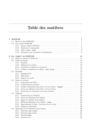 Table des mati`eres
1 MATLAB 7
1.1 Qu’est ce que MATLAB ? . . . . . . . . . . . . . . . . . . . . . . . . . . . . . . . . . 7
1.2 Une session MATLAB . . . . . . . . . . . . . . . . . . . . . . . . . . . . . . . . . . . 7
1.2.1 Lancer, quitter MATLAB . . . . . . . . . . . . . . . . . . . . . . . . . . . . . 8
1.2.2 Fonctions et commandes . . . . . . . . . . . . . . . . . . . . . . . . . . . . . . 8
1.2.3 Aide en ligne - help . . . . . . . . . . . . . . . . . . . . . . . . . . . . . . . . 8
1.2.4 Interaction avec le syst`eme d’exploitation . . . . . . . . . . . . . . . . . . . . 9
2 Les “objets” de MATLAB 11
2.1 Objets et classes de MATLAB . . . . . . . . . . . . . . . . . . . . . . . . . . . . . . . 11
2.2 Valeurs litt´erales . . . . . . . . . . . . . . . . . . . . . . . . . . . . . . . . . . . . . . 12
2.2.1 Nombres . . . . . . . . . . . . . . . . . . . . . . . . . . . . . . . . . . . . . . . 12
2.2.2 Tableaux de nombres . . . . . . . . . . . . . . . . . . . . . . . . . . . . . . . . 12
2.2.3 Caract`eres et chaˆınes de caract`eres . . . . . . . . . . . . . . . . . . . . . . . . 13
2.2.4 Cellules et tableaux de cellules - cell array . . . . . . . . . . . . . . . . . . 14
2.3 Variables . . . . . . . . . . . . . . . . . . . . . . . . . . . . . . . . . . . . . . . . . . 14
2.3.1 Identiﬁcateurs . . . . . . . . . . . . . . . . . . . . . . . . . . . . . . . . . . . 15
2.3.2 Aﬀectation . . . . . . . . . . . . . . . . . . . . . . . . . . . . . . . . . . . . . 15
2.3.3 Espace de travail . . . . . . . . . . . . . . . . . . . . . . . . . . . . . . . . . . 15
2.4 Listes et vecteurs . . . . . . . . . . . . . . . . . . . . . . . . . . . . . . . . . . . . . . 18
2.4.1 Construction de listes . . . . . . . . . . . . . . . . . . . . . . . . . . . . . . . 19
2.4.2 Construction de vecteurs . . . . . . . . . . . . . . . . . . . . . . . . . . . . . 19
2.4.3 Nombre d’´el´ements d’une liste ou d’un vecteur - length . . . . . . . . . . . . 20
2.4.4 Acc`es aux ´el´ements d’une liste ou d’un vecteur . . . . . . . . . . . . . . . . . 21
2.4.5 Extraction de sous-listes ou de sous-vecteurs . . . . . . . . . . . . . . . . . . 22
2.5 Tableaux . . . . . . . . . . . . . . . . . . . . . . . . . . . . . . . . . . . . . . . . . . 22
2.5.1 Construction de tableaux . . . . . . . . . . . . . . . . . . . . . . . . . . . . . 22
2.5.2 Acc`es aux ´el´ements d’un tableau . . . . . . . . . . . . . . . . . . . . . . . . . 23
2.5.3 Lignes et colonnes d’un tableau . . . . . . . . . . . . . . . . . . . . . . . . . . 24
2.5.4 ´El´ements diagonaux d’un tableau - diag . . . . . . . . . . . . . . . . . . . . . 24
2.5.5 Sous-tableaux et blocs - fonctions tril et triu . . . . . . . . . . . . . . . . 25
2.5.6 Tableaux particuliers . . . . . . . . . . . . . . . . . . . . . . . . . . . . . . . . 26
2.6 Op´erations sur les ´el´ements d’un tableau . . . . . . . . . . . . . . . . . . . . . . . . . 26
2.6.1 Fonctions sum et prod . . . . . . . . . . . . . . . . . . . . . . . . . . . . . . . 26
2.6.2 Fonctions max et min . . . . . . . . . . . . . . . . . . . . . . . . . . . . . . . . 27
2.6.3 Fonction mean . . . . . . . . . . . . . . . . . . . . . . . . . . . . . . . . . . . 27
2.6.4 Fonction cov . . . . . . . . . . . . . . . . . . . . . . . . . . . . . . . . . . . . 28
 