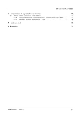 TABLE DES MATI`ERES
6 Importation et exportation de donn´ees 65
6.1 Retour sur les commandes save et load . . . . . . . . . . . . . . . . . . . . . . . . . 65
6.1.1 Enregistrement de la valeur de tableaux dans un ﬁchier-text - save . . . . . 65
6.1.2 Retrouver la valeur d’un tableau - load . . . . . . . . . . . . . . . . . . . . . 66
7 Matrices-test 69
8 Exemples 73
AJ.Casadevall - mars 04 p.5
 