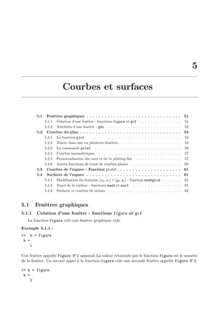 5
Courbes et surfaces
5.1 Fenˆetres graphiques . . . . . . . . . . . . . . . . . . . . . . . . . . . . . . . 51
5.1.1 Cr´eation d’une fenˆetre - fonctions figure et gcf . . . . . . . . . . . . . . . 51
5.1.2 Attributs d’une fenˆetre - get . . . . . . . . . . . . . . . . . . . . . . . . . . 53
5.2 Courbes du plan . . . . . . . . . . . . . . . . . . . . . . . . . . . . . . . . . 53
5.2.1 La fonction plot . . . . . . . . . . . . . . . . . . . . . . . . . . . . . . . . . 53
5.2.2 Tracer dans une ou plusieurs fenˆetres . . . . . . . . . . . . . . . . . . . . . . 54
5.2.3 La commande print . . . . . . . . . . . . . . . . . . . . . . . . . . . . . . 56
5.2.4 Courbes param´etriques . . . . . . . . . . . . . . . . . . . . . . . . . . . . . 57
5.2.5 Personnalisation des axes et de la plotting-box . . . . . . . . . . . . . . . . 57
5.2.6 Autres fonctions de trac´e de courbes planes . . . . . . . . . . . . . . . . . . 60
5.3 Courbes de l’espace - Fonction plot3 . . . . . . . . . . . . . . . . . . . . . 61
5.4 Surfaces de l’espace . . . . . . . . . . . . . . . . . . . . . . . . . . . . . . . 61
5.4.1 Mod´elisation du domaine [x0, x1] × [y0, y1] - fonction meshgrid . . . . . . . 61
5.4.2 Trac´e de la surface - fonctions mesh et surf . . . . . . . . . . . . . . . . . 61
5.4.3 Surfaces et courbes de niveau . . . . . . . . . . . . . . . . . . . . . . . . . . 62
5.1 Fenˆetres graphiques
5.1.1 Cr´eation d’une fenˆetre - fonctions figure et gcf
La fonction figure cr´ee une fenˆetre graphique vide
Exemple 5.1.1 :
>> h = figure
h =
1
Une fenˆetre appel´ee Figure N◦1 apparaˆıt.La valeur retourn´ee par le fonction figure est le num´ero
de la fenˆetre. Un second appel `a la fonction figure cr´ee une seconde fenˆetre appel´ee Figure N◦2.
>> h = figure
h =
2
 