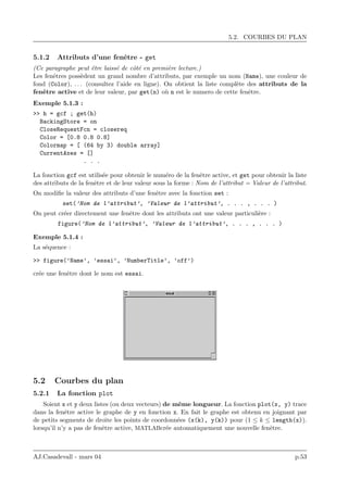 5.2. COURBES DU PLAN
5.1.2 Attributs d’une fenˆetre - get
(Ce paragraphe peut ˆetre laiss´e de cˆot´e en premi`ere lecture.)
Les fenˆetres poss`edent un grand nombre d’attributs, par exemple un nom (Name), une couleur de
fond (Color), . . . (consultez l’aide en ligne). On obtient la liste compl`ete des attributs de la
fenˆetre active et de leur valeur, par get(n) o`u n est le numero de cette fenˆetre.
Exemple 5.1.3 :
>> h = gcf ; get(h)
BackingStore = on
CloseRequestFcn = closereq
Color = [0.8 0.8 0.8]
Colormap = [ (64 by 3) double array]
CurrentAxes = []
. . .
La fonction gcf est utilis´ee pour obtenir le num´ero de la fenˆetre active, et get pour obtenir la liste
des attributs de la fenˆetre et de leur valeur sous la forme : Nom de l’attribut = Valeur de l’attribut.
On modiﬁe la valeur des attributs d’une fenˆetre avec la fonction set :
set(’Nom de l’attribut’, ’Valeur de l’attribut’, . . . , . . . )
On peut cr´eer directement une fenˆetre dont les attributs ont une valeur particuli`ere :
figure(’Nom de l’attribut’, ’Valeur de l’attribut’, . . . , . . . )
Exemple 5.1.4 :
La s´equence :
>> figure(’Name’, ’essai’, ’NumberTitle’, ’off’)
cr´ee une fenˆetre dont le nom est essai.
5.2 Courbes du plan
5.2.1 La fonction plot
Soient x et y deux listes (ou deux vecteurs) de mˆeme longueur. La fonction plot(x, y) trace
dans la fenˆetre active le graphe de y en fonction x. En fait le graphe est obtenu en joignant par
de petits segments de droite les points de coordonn´ees (x(k), y(k)) pour (1 ≤ k ≤ length(x)).
lorsqu’il n’y a pas de fenˆetre active, MATLABcr´ee automatiquement une nouvelle fenˆetre.
AJ.Casadevall - mars 04 p.53
 