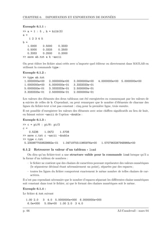 CHAPITRE 6. IMPORTATION ET EXPORTATION DE DONN´EES
Exemple 6.1.1 :
>> a = 1 : 5 , h = hilb(3)
a =
1 2 3 4 5
b =
1.0000 0.5000 0.3333
0.5000 0.3333 0.2500
0.3333 0.2500 0.2000
>> save ab.txt a b -ascii
On peut ´editer les ﬁchier ainsi cr´e´es avec n’importe quel ´editeur ou directement dans MATLAB en
utilisant la commande type :
Exemple 6.1.2 :
>> type ab.txt
1.0000000e+00 2.0000000e+00 3.0000000e+00 4.0000000e+00 5.0000000e+00
1.0000000e+00 5.0000000e-01 3.3333333e-01
5.0000000e-01 3.3333333e-01 2.5000000e-01
3.3333333e-01 2.5000000e-01 2.0000000e-01
Les valeurs des ´el´ements des deux tableaux ont ´et´e enregistr´ees en commen¸cant par les valeurs de
a suivies de celles de b. Cependant, on peut remarquer que le nombre d’´el´ements de chacune des
lignes du ﬁchier-text n’est pas constant : cinq pour la premi`ere ligne, trois ensuite.
Il est possible d’enregistrer les valeurs des ´el´ements avec seize chiﬀres signiﬁcatifs au lieu de huit,
en faisant suivre -ascii de l’option -double :
Exemple 6.1.3 :
>> c = pi/6 : pi/6: pi/2
c =
0.5236 1.0472 1.5708
>> save c.txt c -ascii -double
>> type c.txt
5.2359877559829882e-01 1.0471975511965976e+00 1.5707963267948966e+00
6.1.2 Retrouver la valeur d’un tableau - load
On dira qu’un ﬁchier-text a une structure valide pour la commande load lorsque qu’il a
la forme d’un tableau de nombres :
– le ﬁchier ne contient que des chaˆınes de caract`eres pouvant repr´esenter des valeurs num´eriques
(le s´eparateur d´ecimal ´etant n´ecessairement un point), s´epar´ees par des espaces ;
– toutes les lignes du ﬁchier comportent exactement le mˆeme nombre de telles chaˆınes de car-
act`eres.
Il n’est pas cependant n´ecessaire que le nombre d’espaces s´eparant les diﬀ´erentes chaˆıne num´eriques
soit constant dans tout le ﬁchier, ni que le format des chaˆınes num´eriques soit le mˆeme.
Exemple 6.1.4 :
Le ﬁchier d.txt suivant
1.00 2.0 3 4.0 5.0000000e+000 6.0000000e+000
6.0e+000 5.00e+00 1.00 2.0 3 4.0
p. 66 AJ.Casadevall - mars 04
 