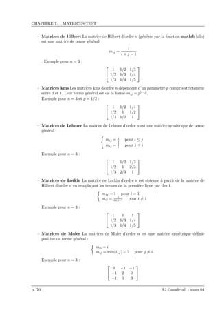 CHAPITRE 7. MATRICES-TEST
– Matrices de Hilbert La matrice de Hilbert d’ordre n (g´en´er´ee par la fonction matlab hilb)
est une matrice de terme g´en´eral
mij =
1
i + j − 1
. Exemple pour n = 3 :


1 1/2 1/3
1/2 1/3 1/4
1/3 1/4 1/5


– Matrices kms Les matrices kms d’ordre n d´ependent d’un param`etre p compris strictement
entre 0 et 1. Leur terme g´en´eral est de la forme mij = p|i−j|.
Exemple pour n = 3 et p = 1/2 :


1 1/2 1/4
1/2 1 1/2
1/4 1/2 1


– Matrices de Lehmer La matrice de Lehmer d’ordre n est une matrice sym´etrique de terme
g´en´eral :
mij = i
j pour i ≤ j
mij = j
i pour j ≤ i
Exemple pour n = 3 :


1 1/2 1/3
1/2 1 2/3
1/3 2/3 1


– Matrices de Lotkin La matrice de Lotkin d’ordre n est obtenue `a partir de la matrice de
Hilbert d’ordre n en rempla¸cant les termes de la premi`ere ligne par des 1.
m1j = 1 pour i = 1
mij = 1
i+j−1 pour i = 1
Exemple pour n = 3 :


1 1 1
1/2 1/3 1/4
1/3 1/4 1/5


– Matrices de Moler La matrices de Moler d’ordre n est une matrice sym´etrique d´eﬁnie
positive de terme g´en´eral :
mii = i
mij = min(i, j) − 2 pour j = i
Exemple pour n = 3 :


1 −1 −1
−1 2 0
−1 0 3


p. 70 AJ.Casadevall - mars 04
 