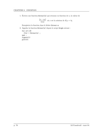 CHAPITRE 8. EXEMPLES
1. ´Ecrivez une fonction Erreur(n) qui retourne en fonction de n, la valeur de
x − x0
x0
o`u x est la solution de Hnx = b0
Enregistrez la fonction dans le ﬁchier Erreur.m.
2. Appelez la fonction Erreur(n) depuis le script Graph suivant :
for n=1:20
f(n) = Erreur(n) ;
end ;
figure(1)
plot(f)
p. 76 AJ.Casadevall - mars 04
 
