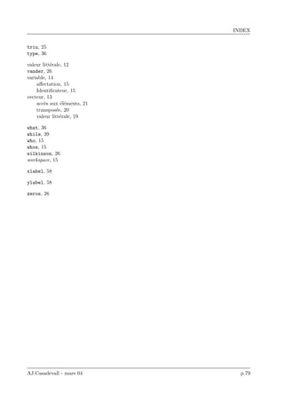 INDEX
triu, 25
type, 36
valeur litt´erale, 12
vander, 26
variable, 14
aﬀectation, 15
Identiﬁcateur, 15
vecteur, 13
acc`es aux ´el´ements, 21
transpos´ee, 20
valeur litt´erale, 19
what, 36
while, 39
who, 15
whos, 15
wilkinson, 26
workspace, 15
xlabel, 58
ylabel, 58
zeros, 26
AJ.Casadevall - mars 04 p.79
 