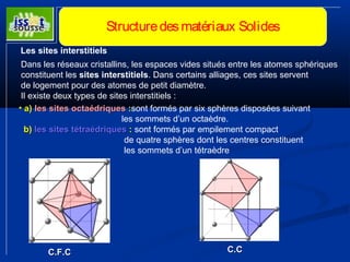 Structure des matériaux Solides 
Les sites interstitiels 
Dans les réseaux cristallins, les espaces vides situés entre les atomes sphériques 
constituent les sites interstitiels. Dans certains alliages, ces sites servent 
de logement pour des atomes de petit diamètre. 
Il existe deux types de sites interstitiels : 
• aa)) lleess ssiitteess ooccttaaééddrriiqquueess ::sont formés par six sphères disposées suivant 
les sommets d’un octaèdre. 
bb)) lleess ssiitteess ttééttrraaééddrriiqquueess :: sont formés par empilement compact 
de quatre sphères dont les centres constituent 
les sommets d’un tétraèdre 
CC..FF..CC CC..CC 
 