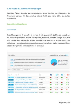 Les outils du community manager
Surveiller Twitter, répondre aux commentaires, lancer des jeux sur Facebook... Un
Community Manager doit disposer d'une batterie d'outils pour mener à bien ces tâches
quotidiennes.
Les outils multiplateforme
Social Share
SocialShare permet de connaître le nombre de fois qu'un article de Blog est partagé sur
les principale plateformes du web social (Twitter, Facebook, LinkedIn, Google Plus). Cet
outil permet donc d'ajuster les articles en fonction de leur succès et des retours des
utilisateurs. Il permet aussi de voir quels internautes interagissent le plus avec quels blogs,
et donc de repérer les “ambassadeurs’’ de la marque.
Page sur11 26
 
