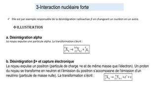 3-Interaction nucléaire forte
 Elle est par exemple responsable de la désintégration radioactive 𝛽 en changeant un nucléo...