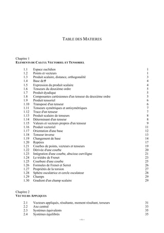 TABLE DES MATIERES



Chapitre 1
ELEMENTS DE CALCUL VECTORIEL ET TENSORIEL

    1.1    Espace euclidien                                              1
    1.2    Points et vecteurs                                            1
    1.3    Produit scalaire, distance, orthogonalité                     3
    1.4    Base de V                                                     4
    1.5    Expression du produit scalaire                                4
    1.6    Tenseurs du deuxième ordre                                    5
    1.7    Produit dyadique                                              5
    1.8    Composantes cartésiennes d'un tenseur du deuxième ordre       5
    1.9    Produit tensoriel                                             6
    1.10   Transposé d'un tenseur                                        6
    1.11   Tenseurs symétriques et antisymétriques                       7
    1.12   Trace d'un tenseur                                            7
    1.13   Produit scalaire de tenseurs                                  8
    1.14   Déterminant d'un tenseur                                      8
    1.15   Valeurs et vecteurs propres d'un tenseur                      9
    1.16   Produit vectoriel                                            11
    1.17   Orientation d'une base                                       12
    1.18   Tenseur inverse                                              13
    1.19   Changement de base                                           14
    1.20   Repères                                                      17
    1.21   Courbes de points, vecteurs et tenseurs                      19
    1.22   Dérivée d'une courbe                                         20
    1.23   Intégration d'une courbe, abscisse curviligne                21
    1.24   Le trièdre de Frenet                                         23
    1.25   Courbure d'une courbe                                        25
    1.26   Formules de Frenet et Serret                                 26
    1.27   Propriétés de la torsion                                     27
    1.28   Sphère osculatrice et cercle osculateur                      28
    1.29   Champs                                                       29
    1.30   Gradient d'un champ scalaire                                 29


Chapitre 2
VECTEURS APPLIQUES

    2.1    Vecteurs appliqués, résultante, moment résultant, torseurs   31
    2.2    Axe central                                                  33
    2.3    Systèmes équivalents                                         35
    2.4    Systèmes équilibrés                                          35
                                              -v-
 