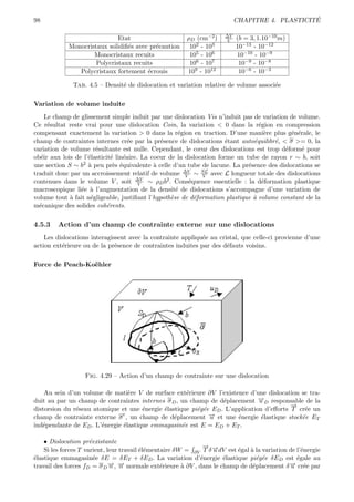 98                                                                                              ´
                                                                           CHAPITRE 4. PLASTICITE

                              Etat                      ρD (cm−2 )    ∆V
                                                                       V   (b = 3, 1.10−10 m)
             Monocristaux solidiﬁ´s avec pr´caution
                                 e         e             102 - 103         10−13 - 10−12
                     Monocristaux recuits                105 - 106         10−10 - 10−9
                      Polycristaux recuits               106 - 107          10−9 - 10−8
                Polycristaux fortement ´crouis
                                        e               109 - 1012          10−6 - 10−3

              Tab. 4.5 – Densit´ de dislocation et variation relative de volume associ´e
                               e                                                      e

Variation de volume induite
     Le champ de glissement simple induit par une dislocation Vis n’induit pas de variation de volume.
Ce r´sultat reste vrai pour une dislocation Coin, la variation < 0 dans la r´gion en compression
      e                                                                           e
compensant exactement la variation > 0 dans la r´gion en traction. D’une mani`re plus g´n´rale, le
                                                      e                             e       e e
champ de contraintes internes cr´e par la pr´sence de dislocations ´tant auto´quilibr´, < σ >= 0, la
                                     e         e                       e        e     e
variation de volume r´sultante est nulle. Cependant, le cœur des dislocations est trop d´form´ pour
                       e                                                                  e     e
ob´ir aux lois de l’´lasticit´ lin´aire. La coeur de la dislocation forme un tube de rayon r ∼ b, soit
   e                e         e    e
une section S ∼ b2 ` peu pr`s ´quivalente ` celle d’un tube de lacune. La pr´sence des dislocations se
                    a          e e           a                                e
traduit donc par un accroissement relatif de volume ∆V ∼ SL avec L longueur totale des dislocations
                                                        V     V
contenues dans le volume V , soit ∆V ∼ ρD b2 . Cons´quence essentielle : la d´formation plastique
                                        V                 e                        e
macroscopique li´e ` l’augmentation de la densit´ de dislocations s’accompagne d’une variation de
                 e a                                 e
volume tout ` fait n´gligeable, justiﬁant l’hypoth`se de d´formation plastique a volume constant de la
             a       e                             e        e                   `
m´canique des solides coh´rents.
  e                         e

4.5.3    Action d’un champ de contrainte externe sur une dislocations
    Les dislocations interagissent avec la contrainte appliqu´e au cristal, que celle-ci provienne d’une
                                                             e
action ext´rieure ou de la pr´sence de contraintes induites par des d´fauts voisins.
          e                   e                                       e

Force de Peach-Ko¨hler
                 e




                   Fig. 4.29 – Action d’un champ de contrainte sur une dislocation

    Au sein d’un volume de mati`re V de surface ext´rieure ∂V l’existence d’une dislocation se tra-
                                 e                    e
duit au par un champ de contraintes internes σ D , un champ de d´placement →D responsable de la
                                                                  e            −
                                                                               u
                                                                                          →
                                                                                          −
distorsion du r´seau atomique et une ´nergie ´lastique pi´g´e ED . L’application d’eﬀorts T cr´e un
               e                      e      e           e e                                  e
champ de contrainte externe σ , un champ de d´placement → et une ´nergie ´lastique stock´e ET
                                                             −
                               e
                                                 e           u         e        e            e
ind´pendante de ED . L’´nergie ´lastique emmagasin´e est E = ED + ET .
   e                    e      e                    e

    • Dislocation pr´existante
                      e
                                                              → −
                                                              −
    Si les forces T varient, leur travail ´l´mentaire δW = ∂V T δ →dV est ´gal ` la variation de l’´nergie
                                          ee                      u       e    a                   e
´lastique emmagasin´e δE = δET + δED . La variation d’´nergie ´lastique pi´g´e δED est ´gale au
e                       e                                    e      e             e e            e
travail des forces fD = σ D →, → normale ext´rieure ` ∂V , dans le champ de d´placement δ → cr´e par
                              − −
                              n n                e      a                       e             − e
                                                                                               u
 