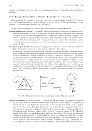 130                                                                         CHAPITRE 5. RUPTURE

poussi`re ou de fum´e. En outre, il ne reste pratiquement rien de l’´chantillon qui est totalement
      e            e                                                e
d´sint´gr´.
 e    e e

5.7.3     ´
          Energie de ﬁssuration et t´nacit´ : La relation entre GC et KC
                                    e     e
     Pour un niveau de contrainte σ donn´ on trouve une longueur critique de d´faut LC telle que
                                         e                                    e
σ 2 LC ≈ KC dans l’approche en terme de force K = KC et σ 2 LC ≈ GC E dans l’approche en terme
           2

   e                         a               2
d’´nergie G = GC conduisant ` la relation : KC ≈ GC E.

      GC est une caract´ristique du mat´riau qu’il faut d´terminer exp´rimentalement.
                       e               e                 e            e
Mouton pendule de Charpy. La diﬀ´rence d’´nergie potentielle du pendule, caract´ris´e par la
                                       e         e                                       e e
   diﬀ´rence des angles de lˆcher et de remont´e, est ´gale ` l’´nergie consomm´e pour provoquer
       e                       a                 e      e    a e                   e
   la rupture au choc de l’´prouvette pr´entaill´e. Cette ´nergie, appel´e r´silience, comprend trois
                             e           e      e         e              e e
   termes : l’´nergie de s´paration proprement dite 2γS, l’´nergie ´lastique U EL proportionnelle
              e             e                                 e        e
   au carr´ de la limite ´lastique σe et l’´nergie plastique (GC − 2γ)S. L’´nergie ´lastique ´tant
           e               e               e                                  e        e         e
   calcul´e ` partir de la connaissance de σe et de la g´om´trie de l’´prouvette la r´silience est une
         e a                                            e e           e              e
   mesure de GC .
Transition fragile ductile. Pour les mat´riaux fragiles la r´silience se r´duit pratiquement ` U EL +
                                            e                e             e                 a
    2γS autorisant la d´termination de l’´nergie superﬁcielle γ du mat´riau.
                         e                  e                             e
    Les mat´riaux ductiles, comme les m´taux, pr´sentent une variation brutale de r´silience autour
              e                           e        e                                    e
    d’une temp´rature caract´ristique appel´e temp´rature de transition fragile-ductile. En dessous
                e               e             e       e
    de cette temp´rature, l’´nergie de rupture se r´duit ` l’´nergie de s´paration γ, le mat´riau
                    e         e                        e    a e              e                   e
    se comporte comme un mat´riau fragile. L’activation thermique est trop faible pour mobiliser
                                  e
    les dislocations et la rupture de clivage ne s’accompagne pas de dissipation plastique. Au del` a
    de cette temp´rature, l’endommagement et la dissipation plastique thermiquement activ´e aug-
                   e                                                                           e
    mentent fortement l’´nergie dissip´e, donc la r´silience. La fragilisation peut ˆtre obtenue par
                           e            e            e                                e
    vieillissement, corrosion chimique (le Ga abaisse tr`s fortement l’´nergie de rupture de l’alumi-
                                                         e              e
    nium, l’eau celle du verre d’o` la d´coupe sous arrosage), traitement thermique et irradiation
                                    u     e
    aux neutrons.




              Fig. 5.22 – Mouton de Charpy, Transition fragile ductile, Pelage des adh´sifs
                                                                                      e

Pelage des adh´sifs. La mˆme grandeur GC mesure la force des adh´sifs. En suspendant un poids
                 e           e                                            e
     mg ` un petit morceau d´roul´ de ruban adh´sif d’´paisseur e et de largeur b, le ruban ne se
          a                     e     e               e     e
     d´roule pas sur le bord du rouleau, comme dans le cas d’une pelote de ﬁcelle, mais le long du
       e
     plan de sym´trie vertical. Le pelage du ruban ` π est assimilable ` la propagation d’une ﬁssure
                  e                                   a 2                 a
     entre la partie d´roulante et la partie coll´e sur le rouleau. La charge critique produisant le
                       e                          e
     d´roulement rapide du ruban (rupture brutale) est li´e ` l’´nergie de rupture GC de l’adh´sif de
       e                                                    e a e                                  e
     mani`re particuli`rement simple. Lors du d´collement d’une longueur dx de ruban qui consomme
           e           e                         e
     l’´nergie de s´paration dW S = GC bdx la charge externe mg eﬀectue un travail dW = mgdx.
       e            e
     L’´nergie ´lastique associ´e ` l’allongement de la partie d´coll´e dx ´tant n´gligeable du fait de la
        e      e               e a                              e e        e      e
     raideur ´lev´e du ruban, l’´galit´ dW = dW S conduit ` la relation GC = mg . Typiquement, b=2
              e e               e      e                      a                   b
     cm, m=1 kg, et g=l0 m.s−2 , ce qui donne GC =500 J.m−2 valeur raisonnable pour les adh´sifs.   e
 