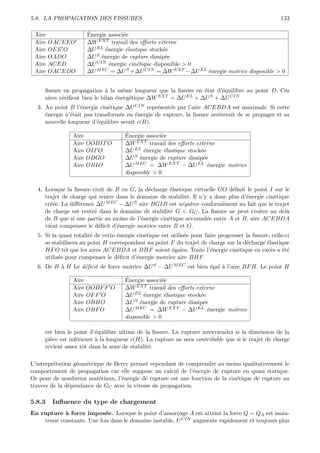 5.8. LA PROPAGATION DES FISSURES                                                                       133

 Aire                  ´
                       Energie associ´e
                                     e
 Aire   OACEEO         ∆W  EXT travail des eﬀorts externe

 Aire   OEE O          ∆U EL ´nergie ´lastique stock´e
                              e       e             e
 Aire   OADO              S ´nergie de rupture dissip´e
                       ∆U e                          e
 Aire   ACED           ∆U CIN ´nergie cin´tique disponible > 0
                                e         e
 Aire   OACEDO         ∆U M EC = ∆U S +∆U CIN = ∆W EXT −∆U EL ´nergie motrice disponible > 0
                                                               e


     ﬁssure en propagation ` la mˆme longueur que la ﬁssure en ´tat d’´quilibre au point D. Ces
                              a     e                           e     e
     aires v´riﬁent bien le bilan ´nerg´tique ∆W
            e                     e    e         EXT = ∆U EL + ∆U S + ∆U CIN

  3. Au point B l’´nergie cin´tique ∆U CIN repr´sent´e par l’aire ACEBDA est maximale. Si cette
                   e          e                  e   e
     ´nergie n’´tait pas transform´e en ´nergie de rupture, la ﬁssure arrˆterait de se propager et sa
     e         e                  e      e                               e
     nouvelle longueur d’´quilibre serait c(B).
                          e

                Aire                  ´
                                      Energie associ´e
                                                    e
                Aire   OOBII O        ∆W   EXT travail des eﬀorts externe

                Aire   OII O          ∆U EL ´nergie ´lastique stock´e
                                             e       e              e
                Aire   OBGO           ∆U eS ´nergie de rupture dissip´e
                                                                     e
                Aire   OBIO           ∆U M EC = ∆W EXT − ∆U EL ´nergie motrice
                                                                       e
                                      disponible > 0

  4. Lorsque la ﬁssure croˆ de B en G, la d´charge ´lastique virtuelle GO d´ﬁnit le point I sur le
                           ıt                e        e                       e
     trajet de charge qui rentre dans le domaine de stabilit´. Il n’y a donc plus d’´nergie cin´tique
                                                            e                       e          e
     cr´´e. La diﬀ´rence ∆U M EC − ∆U S aire BGIB est n´gative conform´ment au fait que le trajet
       ee         e                                       e               e
     de charge est rentr´ dans le domaine de stabilit´ G < GC . La ﬁssure ne peut croˆ
                        e                             e                                  ıtre au del`
                                                                                                    a
     de B que si une partie au moins de l’´nergie cin´tique accumul´e entre A et B, aire ACEBDA
                                          e          e               e
     vient compenser le d´ﬁcit d’´nergie motrice entre B et G.
                          e      e
  5. Si la quasi totalit´ de cette ´nergie cin´tique est utilis´e pour faire progresser la ﬁssure, celle-ci
                        e          e          e                e
     se stabilisera au point H correspondant au point F du trajet de charge sur la d´charge ´lastique
                                                                                        e       e
     HF O tel que les aires ACEBDA et BHF soient ´gales. Toute l’´nergie cin´tique en exc`s a ´t´
                                                         e               e          e             e     ee
     utilis´e pour compenser le d´ﬁcit d’´nergie motrice aire BHF .
           e                       e       e
  6. De B ` H Le d´ﬁcit de force motrice ∆U S − ∆U M EC est bien ´gal ` l’aire BF H. Le point H
          a       e                                              e    a

                Aire                  ´
                                      Energie associ´e
                                                    e
                Aire   OOBF F O       ∆W EXT travail des eﬀorts externe
                Aire   OF F O         ∆U EL ´nergie ´lastique stock´e
                                             e       e              e
                Aire   OBHO           ∆U eS ´nergie de rupture dissip´e
                                                                     e
                Aire   OBF O          ∆U M EC = ∆W EXT − ∆U EL ´nergie motrice
                                                                       e
                                      disponible > 0

     est bien le point d’´quilibre ultime de la ﬁssure. La rupture interviendra si la dimension de la
                          e
     pi`ce est inf´rieure ` la longueur c(H). La rupture ne sera contrˆlable que si le trajet de charge
       e          e       a                                           o
     revient assez tˆt dans la zone de stabilit´.
                     o                         e

L’interpr´tation g´om´trique de Berry permet cependant de comprendre au moins qualitativement le
         e        e e
comportement de propagation car elle suppose un calcul de l’´nergie de rupture en quasi statique.
                                                               e
Or pour de nombreux mat´riaux, l’´nergie de rupture est une fonction de la cin´tique de rupture au
                          e       e                                           e
travers de la d´pendance de GC avec la vitesse de propagation.
               e

5.8.3    Inﬂuence du type de chargement
En rupture ` force impos´e. Lorsque le point d’amor¸age A est atteint la force Q = QA est main-
            a              e                            c
    tenue constante. Une fois dans le domaine instable, U CIN augmente rapidement et toujours plus
 