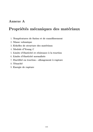 Annexe A

Propri´t´s m´caniques des mat´riaux
      e e   e                e

1. Temp´ratures de fusion et de ramollissement
       e
2. Masse volumique
3. Echelles de structure des mat´riaux
                                e
4. Module d’Young E
5. Limite d’´lasticit´ et r´sistance ` la traction
            e        e     e         a
6. Limite d’´lasticit´ normalis´e
            e        e         e
7. Ductilit´ en traction - allongement ` rupture
           e                           a
8. T´nacit´
    e     e
9. Energie de rupture




                                 143
 