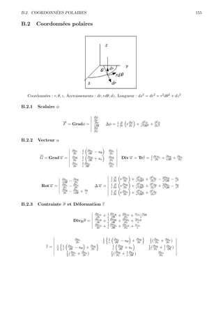 ´
B.2. COORDONNEES POLAIRES                                                                                                              155

B.2     Coordonn´es polaires
                e




  Coordonn´es : r, θ, z, Accroissements : dr, rdθ, dz, Longueur : ds2 = dr2 + r2 dθ2 + dz 2
          e

B.2.1   Scalaire φ

                                                 ∂φ
                       →
                       −                         ∂r
                                                                                             ∂2φ          ∂2φ
                       F = Gradφ =               ∂φ
                                                 r∂θ
                                                            ∆φ =          1 ∂
                                                                          r ∂r   r ∂φ +
                                                                                   ∂r       r2 ∂θ2
                                                                                                      +   ∂z 2
                                                 ∂φ
                                                 ∂z


B.2.2   Vecteur u

                                 ∂ur    1 ∂ur                ∂ur
                                  ∂r    r   ∂θ   − uθ        ∂z
         G = Grad→ =
                 −
                 u               ∂uθ    1 ∂uθ
                                                 + ur        ∂uθ              Div→ = Trε =
                                                                                 −
                                                                                 u                     1 ∂rur
                                                                                                       r ∂r        +   ∂uθ
                                                                                                                       r∂θ   +   ∂uz
                                                                                                                                 ∂z
                                  ∂r    r   ∂θ               ∂z
                                 ∂uz    1 ∂uz                ∂uz
                                  ∂r    r ∂θ                 ∂z


                                                                                         ∂ 2 ur       ∂ 2 ur       2∂uθ
                       ∂uz
                             −   ∂uθ                             1
                                                                 r
                                                                     ∂
                                                                     ∂r     r ∂ur +
                                                                               ∂r        r2 ∂θ2
                                                                                                  +    ∂z 2
                                                                                                               −   r2 ∂θ
                                                                                                                           −   ur
                                                                                                                               r2
                       r∂θ        ∂z
          Rot→ =
             −
             u         ∂ur
                       ∂z    −   ∂uz
                                  ∂r             ∆→ =
                                                  −
                                                  u              1
                                                                 r
                                                                     ∂
                                                                     ∂r     r ∂uθ +
                                                                               ∂r
                                                                                         ∂ 2 uθ
                                                                                         r2 ∂θ2
                                                                                                  +   ∂ 2 uθ
                                                                                                       ∂z 2
                                                                                                               +   2∂ur
                                                                                                                   r2 ∂θ
                                                                                                                           −   uθ
                                                                                                                               r2
                       ∂uθ       ∂ur        uθ
                        ∂r   −   r∂θ    +    r
                                                                 1   ∂
                                                                            r ∂uz    +   ∂ 2 uz
                                                                                                  +   ∂ 2 uz
                                                                 r   ∂r        ∂r        r2 ∂θ2        ∂z 2


B.2.3   Contrainte σ et D´formation ε
                         e

                                                 ∂σrr
                                                  ∂r    +   1 ∂σrθ
                                                            r ∂θ          +   ∂σrz
                                                                               ∂z    + σrr −σθθ
                                                                                           r
                                                 ∂σrθ       1 ∂σθθ            ∂σθz
                                 DivD σ =         ∂r    +   r ∂θ          +    ∂z    + 2σrθ
                                                                                        r
                                                 ∂σrz       1 ∂σθz            ∂σzz
                                                  ∂r    +   r ∂θ          +    ∂z    + σr
                                                                                        rz




                                  ∂ur                   1    1     ∂ur           ∂uθ                   1 ∂ur      ∂uz
                                   ∂r                   2    r      ∂θ − uθ + ∂r                       2 ( ∂z + ∂r )
            ε=     1   1    ∂ur          ∂uθ                      1 ∂uθ                               1 ∂uθ      1 ∂uz
                   2   r     ∂θ − uθ + ∂r                         r    ∂θ + ur                        2 ( ∂z + r ∂θ )
                           1 ∂ur    ∂uz                          1 ∂uθ     1 ∂uz                             ∂uz
                           2 ( ∂z + ∂r )                         2 ( ∂z + r ∂θ )                             ∂z
 
