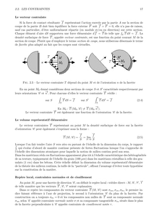 2.2. LES CONTRAINTES                                                                                   17

Le vecteur contrainte
                                      →
                                      −
    Si la force de contact r´sultante f repr´sentant l’action exerc´e par la partie A sur la section de
                            e               e                      e
                                                            →
                                                            −      → →
                                                                   − −
coupe de la partie B doit bien ´quilibrer la force externe F soit f + F = 0, elle n’a pas de raison,
                                 e
sauf cas particulier, d’ˆtre uniform´ment r´partie (en module et/ou en direction) sur cette section.
                        e            e      e
                                                                →
                                                                −     →
                                                                      −                →
                                                                                       −         →
                                                                                                 −
Chaque ´l´ment d’aire dS supportera une force ´l´mentaire d f = T ds telle que S T dS = f . La
          ee                                      ee
                             →
                             −
densit´ surfacique de force T , appel´e vecteur contrainte, est une fonction du point courant M de la
       e                              e
section de coupe. Plutˆt que d’employer le terme section de coupe, nous utiliserons d´sormais le terme
                       o                                                             e
de facette plus adapt´ au fait que les coupes sont virtuelles.
                      e




      Fig. 2.3 – Le vecteur contrainte T d´pend du point M et de l’orientation n de la facette
                                          e

    En un point M0 donn´ consid´rons deux sections de coupe S et S caract´ris´e respectivement par
                         e      e                                          e e
                   → et →. Pour chacune d’elles le vecteur contrainte → v´riﬁe :
                   −
leurs orientations n
                        −
                        n
                                                                      −
                                                                      T e
                                         →
                                         −      →
                                                −                      →
                                                                       −      →
                                                                              −
                         sur S           T dS = f     sur S            T dS = f                      (2.4)
                                     S                             S

                                         →
                                         −            →
                                                      −      →
                                                             −
                                En M0 : T (M0 , →) = T (M0 , n ).
                                                −
                                                n
                              →
                              −
        Le vecteur contrainte T est ´galement une fonction de l’orientation → de la facette.
                                    e                                       −
                                                                            n

Le volume repr´sentatif ´l´mentaire
                 e          ee
                           →
                           −
    Le vecteur contraintes T repr´sentant au point M la densit´ surfacique de force sur la facette
                                 e                            e
              → peut ´galement s’exprimer sous la forme :
              −
d’orientation n       e
                                                    →
                                                    −       →
                                                            −
                                         →
                                         −          f       f
                                         T (M, →) =
                                               −
                                               n      = lim                                          (2.5)
                                                    S   S→0 S

Lorsque l’on fait tendre l’aire S vers z´ro en partant de l’´chelle de la dimension du corps, le rapport
                                         e                    e
 f
S    qui ´volue d’abord de mani`re continue pr´sente de fortes ﬂuctuations lorsque l’on s’approche de
         e                       e                e
l’´chelle des dimensions atomiques pour laquelle la notion de milieu continu perd son sens.
   e
Dans les mat´riaux r´els ces ﬂuctuations apparaissent plus tˆt ` l’´chelle caract´ristique des h´t´rog´n´it´s
               e      e                                        o a e               e              ee e e e
de sa texture, typiquement de l’´chelle du grain (100 µm) dans les mat´riaux cristallins ` celle des gra-
                                  e                                         e                a
nulats (1 cm) dans les b´tons. Cette ´chelle d´ﬁnit la dimension du volume repr´sentatif ´l´mentaire
                          e             e         e                                    e        ee
de la th´orie des milieux continus, la taille de la “particule”, oﬀrant l’avantage d’´viter toute hypoth`se
          e                                                                          e                  e
sur la constitution de la mati`re.
                               e

Rep`re local, contraintes normales et de cisaillement
   e
                                               n      e           e              e                − − →
                                                                                                  n r
                                                                                                       −
    Au point M , pour une facette de direction →, on d´ﬁnit le rep`re local - tri`dre direct - M, →, →, t
                                               −
                                  → → →
                                  − − −
de telle mani`re que les vecteurs T , n , r soient coplanaires.
              e
                                                            →
                                                            −
    Dans ce rep`re les composantes du vecteur contrainte T (M, →) sont σnn , σrn , σtn , le premier in-
                e                                                  −n
dice faisant r´f´rence ` l’axe de projection, le second ` l’orientation → du plan de la facette. Par
               ee      a                                 a               −n
                                                                        →
                                                                        −
construction on a toujours σtn = 0 et les composantes non nulles de T sont sa composante normale
σnn selon → appel´e contrainte normale not´e σ et sa composante tangentielle σrn situ´e dans le plan
          −n       e                         e                                             e
de la facette perpendiculaire ` → appel´e contrainte de cisaillement not´e τ .
                              a−n        e                                 e
 