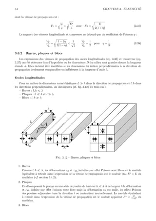 54                                                                                    ´        ´
                                                                          CHAPITRE 3. ELASTICITE

dont la vitesse de propagation est :

                                       µ      E∗                      E
                               VT =      =          avec   E∗ =                                    (3.37)
                                       ρ      ρ                    2(1 + η)

     Le rapport des vitesses longitudinale et transverse ne d´pend que du coeﬃcient de Poisson η :
                                                             e

                           VT        1 − 2η   1         VT   1                1
                              =              <√            =      pour η =                         (3.38)
                           VL       2(1 − η)    2       VL   2                3

3.6.2     Barres, plaques et blocs
    Les expressions des vitesses de propagation des ondes longitudinales (eq. 3.35) et transverse (eq.
3.37) ont ´t´ obtenues dans l’hypoth`se ou les dimensions D du milieu sont grandes devant la longueur
          ee                         e
d’onde λ. Elles doivent ˆtre modiﬁ´es si les dimensions du milieu perpendiculaires ` la direction de
                         e          e                                                a
propagation deviennent comparables ou inf´rieures ` la longueur d’onde λ.
                                            e       a

Ondes longitudinales
    Pour un milieu de dimensions caract´ristiques L
                                          e               λ dans la direction de propagation et l, h dans
les directions perpendiculaires, on distinguera (cf. ﬁg. 3.12) les trois cas :
    – Barres : l, h   λ
    – Plaques : h    λ et l    λ
    – Blocs : l, h   λ




                                   Fig. 3.12 – Barres, plaques et blocs


     1. Barres
        Comme l, h      λ, les d´formations εll et εhh induites par eﬀet Poisson sont libres et le module
                                e
        ´quivalent ` retenir dans l’expression de la vitesse de propagation est le module vrai E ∗ = E du
        e          a
        mat´riau (cf. section 3.4.2).
            e
     2. Plaques
        En d´composant la plaque en une s´rie de poutre de hauteur h
             e                             e                             λ et de largeur λ la d´formation
                                                                                               e
        et εhh induite par eﬀet Poisson reste libre mais la d´formation εll est nulle, les eﬀets Poisson
                                                              e
        des poutres adjacentes dans la direction l se contrariant mutuellement. Le module ´quivalent
                                                                                                e
        ` retenir dans l’expression de la vitesse de propagation est le module apparent E ∗ = 1−η2 du
        a                                                                                          E

        mat´riau.
            e
     3. Blocs
 