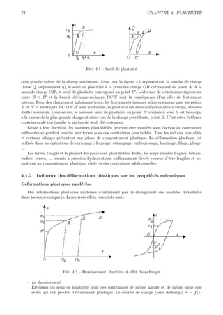 72                                                                                               ´
                                                                            CHAPITRE 4. PLASTICITE




                                       Fig. 4.1 – Seuil de plasticit´
                                                                    e


plus grande valeur de la charge ant´rieure. Ainsi, sur la ﬁgure 4.1 repr´sentant la courbe de charge
                                         e                                    e
(force Q, d´placement q), le seuil de plasticit´ ` la premi`re charge OB correspond au point A. A la
            e                                     ea          e
seconde charge CB , le seuil de plasticit´ correspond au point B . L’absence de co¨
                                            e                                          ıncidence rigoureuse
entre B et B et la boucle d´charge-recharge BCB sont la cons´quence d’un eﬀet de frottement
                                  e                                      e
interne. Pour des chargement inﬁniment lents, les frottements internes n’interviennent pas, les points
B et B et les trajets BC et CB sont confondus, la plasticit´ est alors ind´pendante du temps, absence
                                                                e             e
d’eﬀet visqueux. Dans ce cas, le nouveau seuil de plasticit´ au point B confondu avec B est bien ´gal
                                                              e                                          e
a
` la valeur de la plus grande charge atteinte lors de la charge pr´c´dente, point B. C’est cette ´vidence
                                                                    e e                             e
exp´rimentale qui justiﬁe la notion de seuil d’´coulement.
    e                                             e
    Grˆce ` leur ductilit´, les mati`res plastiﬁables peuvent ˆtre moul´es sous l’action de contraintes
        a a                 e          e                          e         e
suﬃsantes et gardent ensuite leur forme sous des contraintes plus faibles. Tous les m´taux non alli´s
                                                                                            e              e
et certains alliages pr´sentent une phase de comportement plastique. La d´formation plastique est
                         e                                                        e
utilis´e dans les op´rations de corroyage : forgeage, estampage, emboutissage, laminage, ﬁlage, pliage,
      e              e
...
    Les terres, l’argile et la plupart des pˆtes sont plastiﬁables. Enﬁn, les corps r´put´s fragiles, b´tons,
                                            a                                        e    e            e
roches, verres, ... soumis ` pression hydrostatique suﬃsamment ´lev´e cessent d’ˆtre fragiles et ac-
                              a                                         e e              e
qui`rent un comportement plastique vis-`-vis des contraintes additionnelles.
    e                                         a


4.1.2    Inﬂuence des d´formations plastiques sur les propri´t´s m´caniques
                       e                                    e e   e
D´formations plastiques mod´r´es
 e                         e e

   Des d´formations plastiques mod´r´es n’entraˆ
          e                           ee           ınent pas de changement des modules d’´lasticit´
                                                                                         e        e
dans les corps compacts. Leurs trois eﬀets essentiels sont :




                         Fig. 4.2 – Durcissement, ductilit´ et eﬀet Bauschinger
                                                          e

     – Le durcissement
       ´e
       El´vation du seuil de plasticit´ pour des contraintes de mˆme nature et de mˆme signe que
                                      e                          e                   e
       celles qui ont produit l’´coulement plastique. La courbe de charge (sans d´charge) σ = f (ε)
                                e                                                e
 
