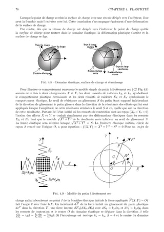 78                                                                                              ´
                                                                           CHAPITRE 4. PLASTICITE

    Lorsque le point de charge atteint la surface de charge avec une vitesse dirig´e vers l’ext´rieur, il ne
                                                                                  e            e
peut la franchir mais l’entraˆ avec lui. Cette translation s’accompagne ´galement d’une d´formation
                             ıne                                           e                    e
de la surface de charge.
    Par contre, d`s que la vitesse de charge est dirig´e vers l’int´rieur le point de charge quitte
                  e                                       e            e
la surface de charge pour rentrer dans le domaine ´lastique, la d´formation plastique s’arrˆte et la
                                                       e             e                            e
surface de charge se ﬁge.




                    Fig. 4.8 – Domaine ´lastique, surface de charge et ´crouissage
                                       e                               e

    Pour illustrer ce comportement reprenons le mod`le simple du patin ` frottement sec (Cf. Fig 4.9)
                                                        e                   a
soumis cette fois ` deux chargements X et Y , les deux ressorts de raideurs kX et kY symbolisant
                   a
le comportement plastique ´crouissant et les deux ressorts de raideurs EX et EY symbolisant le
                             e
comportement ´lastique. Le seuil de r´sistance au glissement S du patin ´tant suppos´ ind´pendant
                 e                      e                                     e            e    e
de la direction de glissement le patin glissera dans la direction de la r´sultante des eﬀorts qui lui sont
                                                                         e
appliqu´s lorsque l’amplitude de cette r´sultante atteindra le seuil S et ce, quelle que soit la direction
        e                                 e
de cette r´sultante. Partant de l’´tat initial o` les ressorts de contention sont au repos (X0 = Y0 = 0)
          e                       e             u
l’action des eﬀorts X et Y se traduit simplement par des d´formations ´lastiques dans les ressorts
                                 √                                e           e
EX et EY tant que le module X        2 + Y 2 de la r´sultante reste inf´rieur au seuil de glissement S.
                                                      e                  e
                                             √
La limite ´lastique sera atteinte lorsque X 2 + Y 2 = S. La fronti`re ´lastique initiale, cercle de
           e                                                              e e
rayon S centr´ sur l’origine O, a pour ´quation : f (X, Y ) = X 2 + Y 2 − S 2 = 0 Pour un trajet de
               e                           e




                              Fig. 4.9 – Mod`le du patin ` frottement sec
                                            e            a
                                                                                           →
                                                                                           −
charge radial aboutissant au point I de la fronti`re ´lastique initiale la force appliqu´e F (X, Y ) = OI
                                                 e e                                    e
                                               →
                                               −
fait l’angle θ avec l’axe OX. Un incr´ment d F de la force induit un glissement du patin plastique
                                      e
                        →
                        −                      →
                                               −
dxP dans la direction F , une force interne d F 0 (dX0 , dY0 ) avec dX0 = kx dx0 et dY0 = ky dy0 dans
les ressorts de contention et le centre O du domaine ´lastique se d´place dans la direction β telle
                                                         e               e
 dY0            ky dy0    ky
dX0 = tgβ = kx dx0 = kx tgθ. Si l’´crouissage est isotrope kx = ky , β = θ et le centre du domaine
                                    e
 