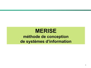 1
MERISE
méthode de conception
de systèmes d’information
 