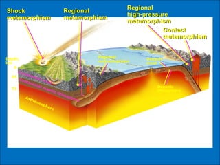 Depth,
km
0
35
75
Asthenosphere
Continental mantle lithosphere
Continental crust
Regional
metamorphism
Oceanic
crust
Oceanic
lithosphere
ShockShock
metamorphismmetamorphism
RegionalRegional
metamorphismmetamorphism
RegionalRegional
high-pressurehigh-pressure
metamorphismmetamorphism
ContactContact
metamorphismmetamorphism
 