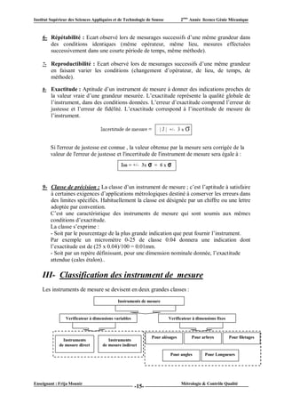 Institut Supérieur des Sciences Appliquées et de Technologie de Sousse         2ème Année licence Génie Mécanique



    6- Répétabilité : Ecart observé lors de mesurages successifs d’une même grandeur dans
       des conditions identiques (même opérateur, même lieu, mesures effectuées
       successivement dans une courte période de temps, même méthode).

    7- Reproductibilité : Ecart observé lors de mesurages successifs d’une même grandeur
         en faisant varier les conditions (changement d’opérateur, de lieu, de temps, de
         méthode).

    8- Exactitude : Aptitude d’un instrument de mesure à donner des indications proches de
         la valeur vraie d’une grandeur mesurée. L’exactitude représente la qualité globale de
         l’instrument, dans des conditions données. L’erreur d’exactitude comprend l’erreur de
         justesse et l’erreur de fidélité. L’exactitude correspond à l’incertitude de mesure de
         l’instrument.




         Si l'erreur de justesse est connue , la valeur obtenue par la mesure sera corrigée de la
         valeur de l'erreur de justesse et l'incertitude de l'instrument de mesure sera égale à :




    9- Classe de précision : La classe d’un instrument de mesure ; c’est l’aptitude à satisfaire
       à certaines exigences d’applications métrologiques destiné à conserver les erreurs dans
       des limites spécifiés. Habituellement la classe est désignée par un chiffre ou une lettre
       adoptée par convention.
       C’est une caractéristique des instruments de mesure qui sont soumis aux mêmes
       conditions d’exactitude.
       La classe s’exprime :
       - Soit par le pourcentage de la plus grande indication que peut fournir l’instrument.
       Par exemple un micromètre 0-25 de classe 0.04 donnera une indication dont
       l’exactitude est de (25 x 0.04)/100 = 0.01mm.
       - Soit par un repère définissant, pour une dimension nominale donnée, l’exactitude
       attendue (cales étalon)..

    III- Classification des instrument de mesure
    Les instruments de mesure se devisent en deux grandes classes :
                                             Instruments de mesure


                 Verificateur à dimensions variables                     Verificateur à dimensions fixes



                                                               Pour alésages         Pour arbres           Pour filetages
               Instruments              Instruments
             de mesure direct        de mesure indirect

                                                                          Pour angles       Pour Longueurs




Enseignant : Frija Mounir                                                      Métrologie & Contrôle Qualité
                                                       -15-
 