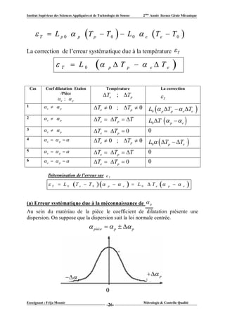 Institut Supérieur des Sciences Appliquées et de Technologie de Sousse         2ème Année licence Génie Mécanique




      T  Lp0                   p    T    p     T0   L0  e                     T e      T0 

La correction de l’erreur systématique due à la température  T

                    T  L0                            p   T        p      e Te              
    Cas     Coef dilatation Etalon                      Température                       La correction
                     /Pièce                        Te ; T p
                    e ;  p                                                              T
1          e   p                          Te  0 ; Tp  0                    L0  p Tp   e Te          
2          e   p                          Te  Tp  T                       L0 T  p   e 
3          e   p                          Te  T p  0                       0
4          e   p                        Te  0 ; Tp  0                    L0  Tp  Te            
5          e   p                        Te  Tp  T                       0
6          e   p                        Te  T p  0                       0

              Détermination de l’erreur sur  T

               T  L0         T e    T0           p        e       L 0  T e       p       e   

(a) Erreur systématique due à la méconnaissance de  p
Au sein du matériau de la pièce le coefficient de dilatation présente une
dispersion. On suppose que la dispersion suit la loi normale centrée.
                                           pièce   p   p




                                                                                  p
                             p

                                                        0
Enseignant : Frija Mounir                                                      Métrologie & Contrôle Qualité
                                                        -26-
 