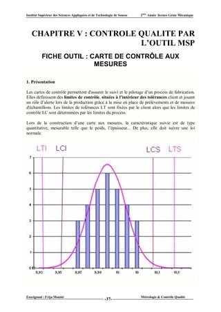 Institut Supérieur des Sciences Appliquées et de Technologie de Sousse   2ème Année licence Génie Mécanique




   CHAPITRE V : CONTROLE QUALITE PAR
                         L’OUTIL MSP
          FICHE OUTIL : CARTE DE CONTRÔLE AUX
                         MESURES

1. Présentation

Les cartes de contrôle permettent d'assurer le suivi et le pilotage d’un process de fabrication.
Elles définissent des limites de contrôle, situées à l’intérieur des tolérances client et jouant
un rôle d’alerte lors de la production grâce à la mise en place de prélèvements et de mesures
d'échantillons. Les limites de tolérances LT sont fixées par le client alors que les limites de
contrôle LC sont déterminées par les limites du process.

Lors de la construction d’une carte aux mesures, la caractéristique suivie est de type
quantitative, mesurable telle que le poids, l’épaisseur... De plus, elle doit suivre une loi
normale.




Enseignant : Frija Mounir                                                Métrologie & Contrôle Qualité
                                                      -37-
 