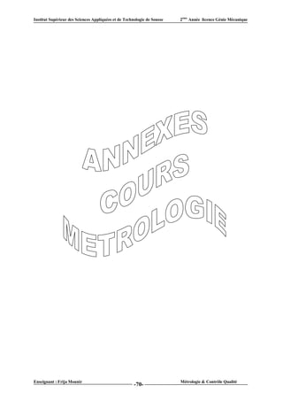 Institut Supérieur des Sciences Appliquées et de Technologie de Sousse   2ème Année licence Génie Mécanique




Enseignant : Frija Mounir                                                Métrologie & Contrôle Qualité
                                                      -70-
 