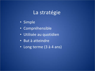 La stratégie  Simple Compréhensible Utilisée au quotidien But à atteindre Long terme (3 à 4 ans) 