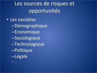 Les sources de risques et opportunités Les variables Démographique Economique Sociologique Technologique Politique Légale … 